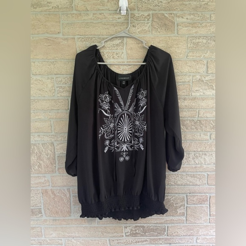 Lane Bryant Black White Boho Blouse Embroidered Floral Top Tassels Women’s 18/20